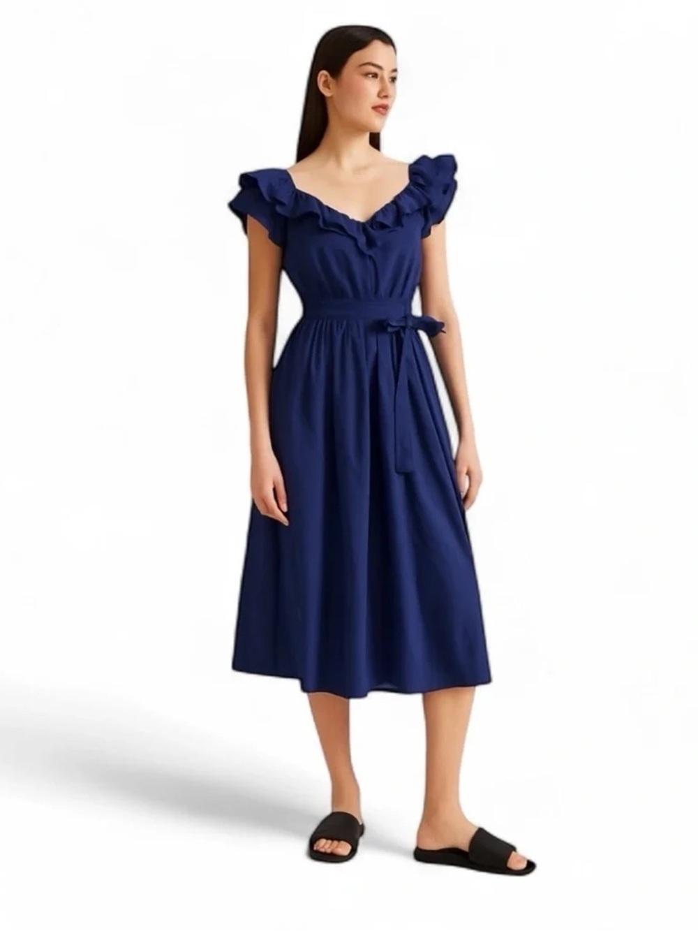 Hill House Navy Ruffled V-Neck Midi Dress